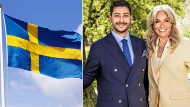 Sveriges flagga hissas på nationaldagen. Anne Lundberg och Fouad Youcefi.