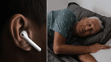 hörlurar i öronen, äldre man sover