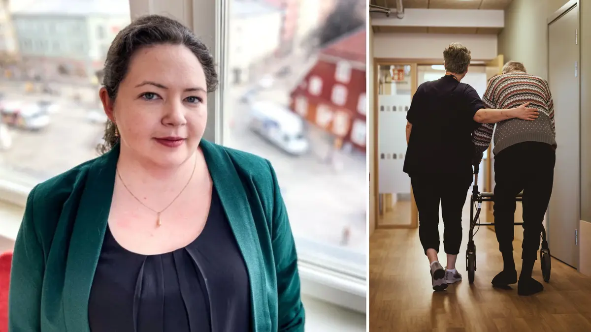 En kvinna i grön kavaj till vänster och en äldre man och en sjuksköterska inom äldreomsorgen till höger.