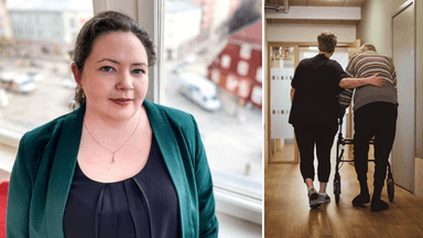 En kvinna i grön kavaj till vänster och en äldre man och en sjuksköterska inom äldreomsorgen till höger.