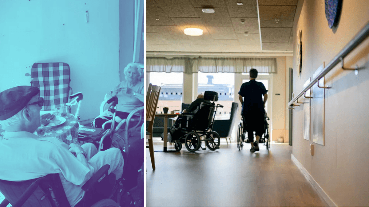 Äldre som fikar till vänster och en kvinna som arbetar i äldreomsorgen till höger.