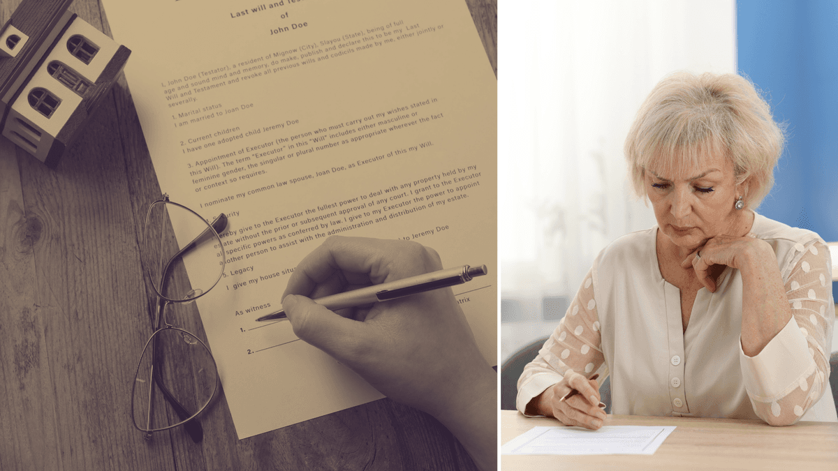 Ett testamente till vänster och en äldre kvinna om funderar över sitt arv till höger.