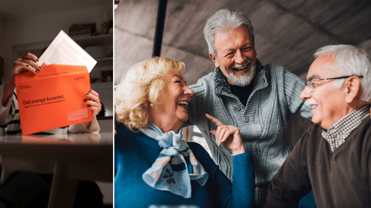 Det orangea pensionskuvertet till vänster och tre glada pensionärer till höger.