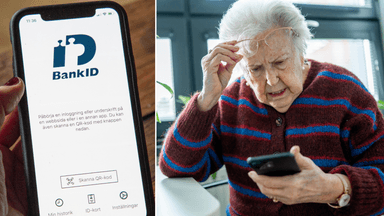 Mobilt bankID till vänster och en äldre dam utsatt för bedrägeri till höger.