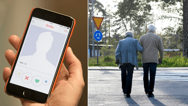En dejtingapp på en mobil till vänster och ett äldre par på promenad till höger.