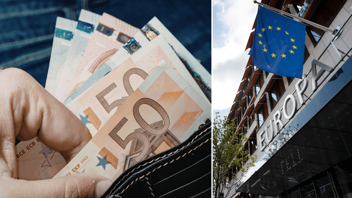 En hand som håller i flera eurosedlar till vänster och en EU-flagga till höger.