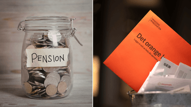 En burk med mynt i som det står pension på till vänster och det orangea kuvertet till höger.
