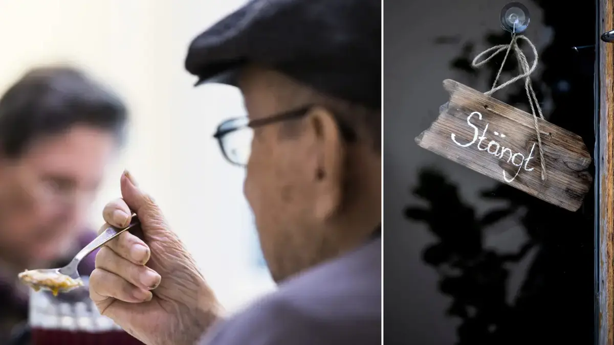 äldre som äter, stängt-skylt