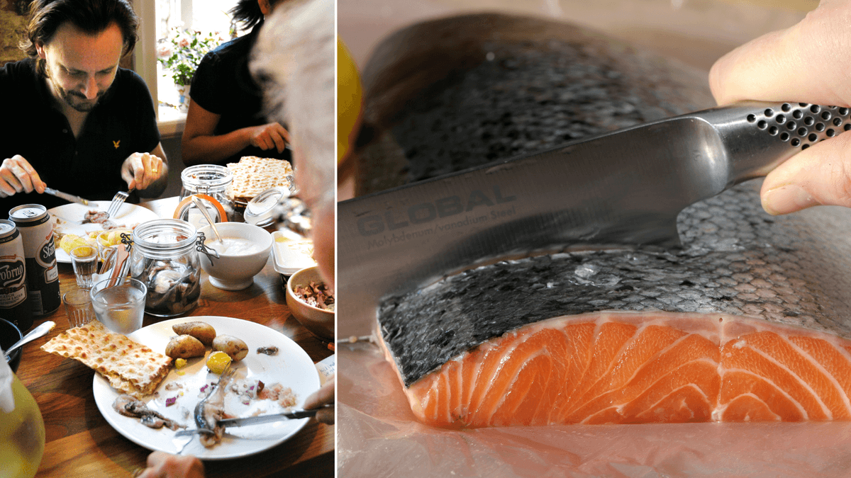 Personer som äter fisk till vänster och en kniv som skär i en rå laxfilé till höger.