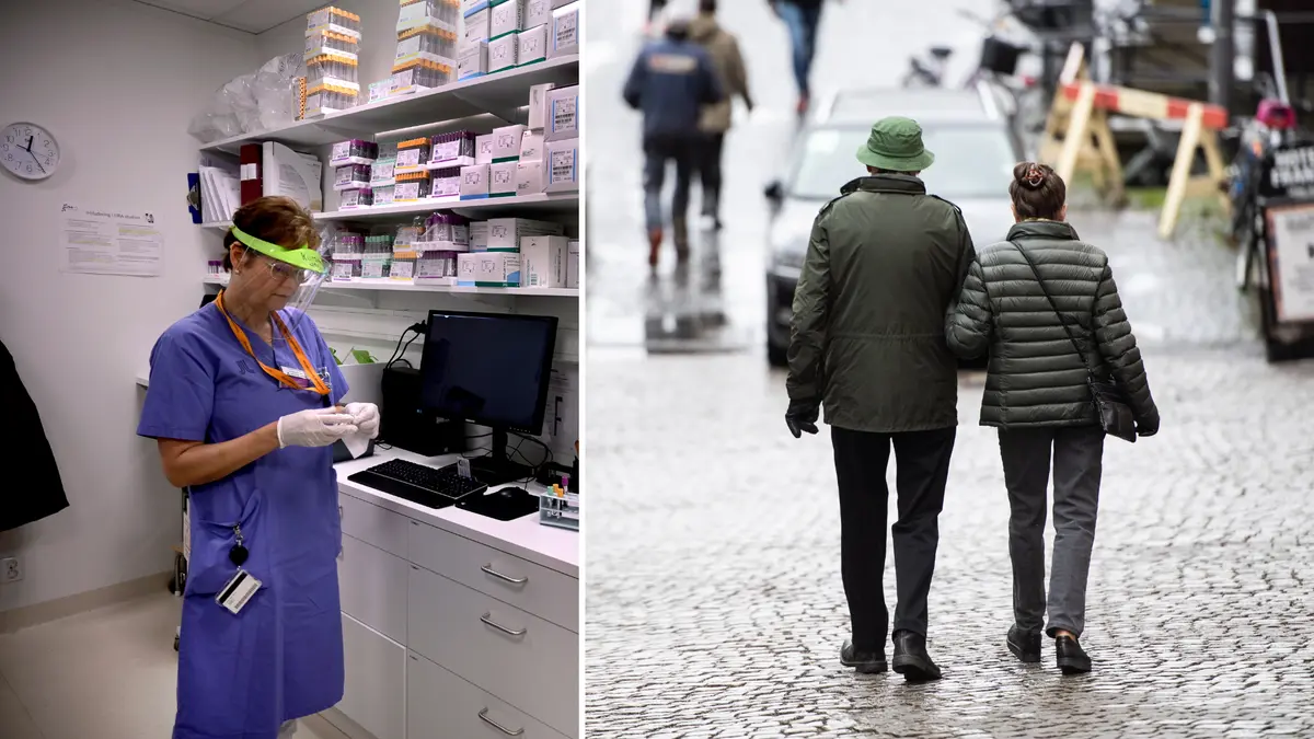 En undersköterska till vänster och ett äldre par till höger.