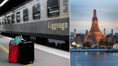 Ett tåg till vänster och en vy av Bangkok till höger.