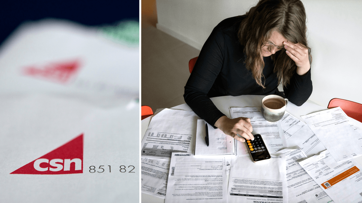 En kuvert från CSN till vänster och en kvinna med massa räkningar framför sig till höger.