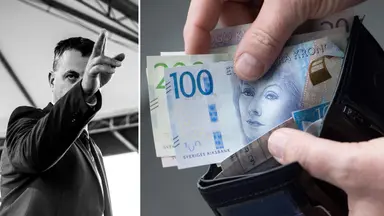 En chef som pekar med hela handen om lön till vänster, och en plånbok med sedlar till höger.