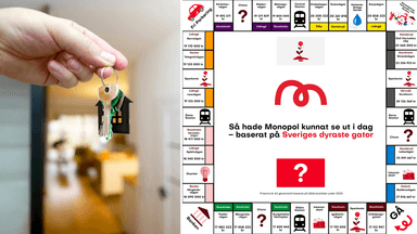 En hand som håller ett par nycklar till vänster och en ny spelplan av Monopol till höger.