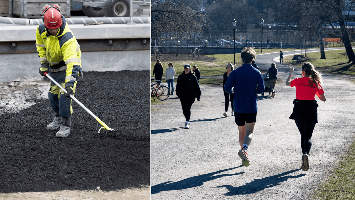 En byggarbetare till vänster och människor i rörelse i en park till höger.