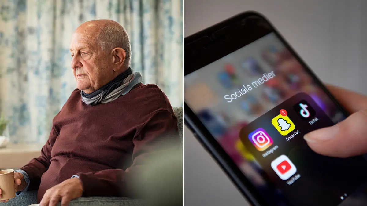 En ensam man till höger och en telefon med sociala medier på skärmen.