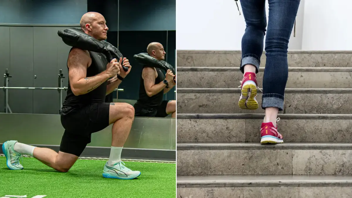 En man som tränar på gym till vänster och en kvinna som går i trappan till höger.