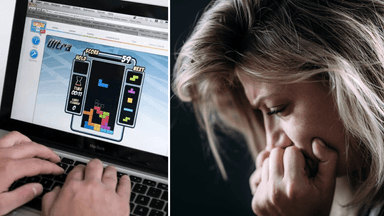 En datorskärm där någon spelar tetris till vänster och en kvinna med trauma till höger.