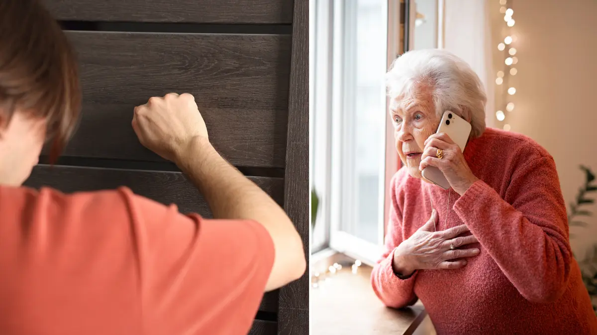 yngre person knackar på dörr, äldre pratar telefon